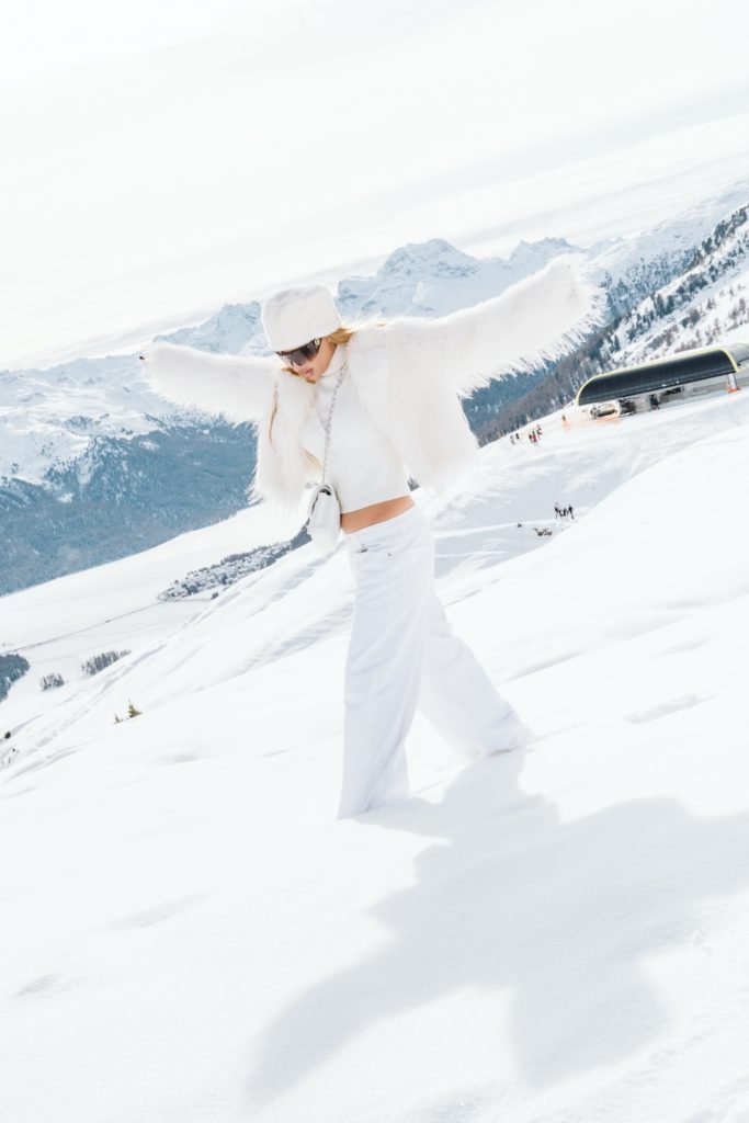 Fashion portrait photography in St. Moritz with alpine landscape