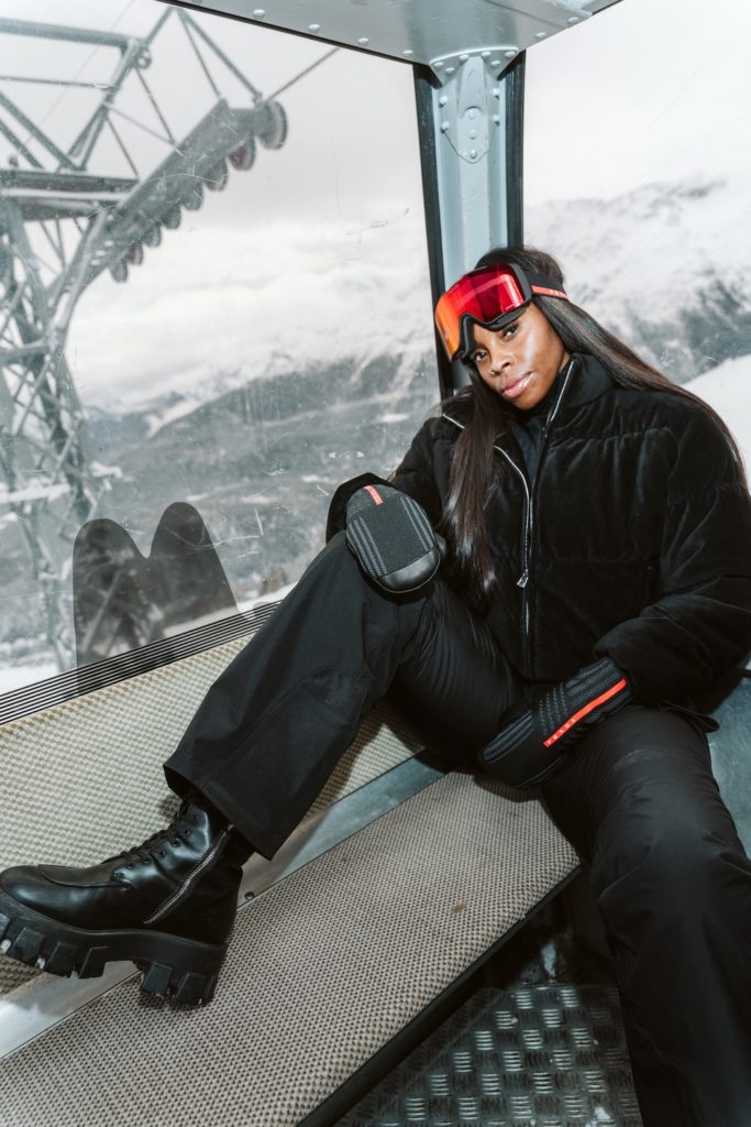 Chairlift winter fashion portrait in the Swiss Alps